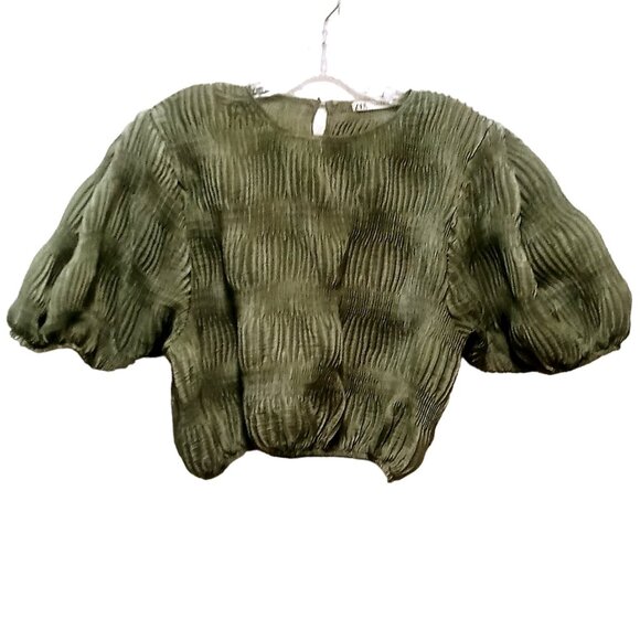 Zara Women's Shirt Size Medium Olive Green Crop Top Textured Puff Sleeve Top - Picture 1 of 9